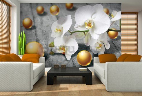 Foto tapeta: Orhideja i žute kuglice - 254x368 cm