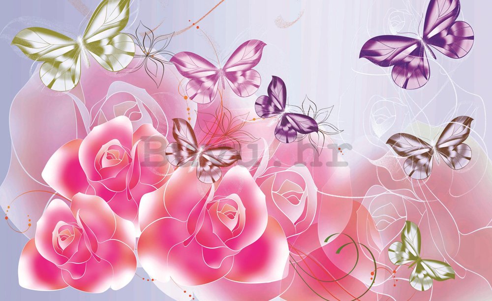 Foto tapeta: Ružičaste ruže i leptiri - 184x254 cm