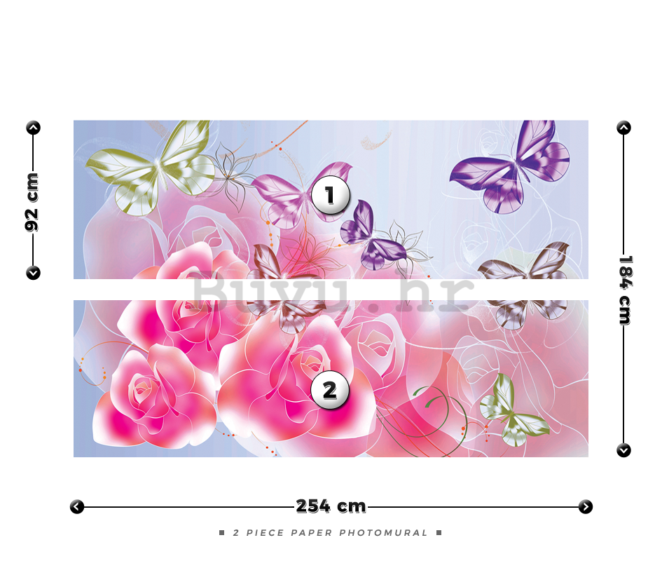 Foto tapeta: Ružičaste ruže i leptiri - 184x254 cm