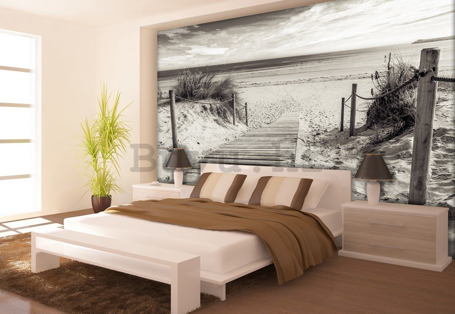 Foto tapeta Vlies: Plaža (crno-bijela) - 254x368 cm