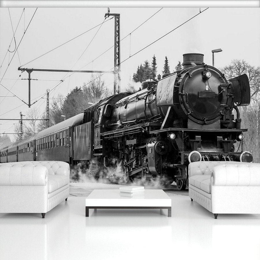 Foto tapeta Vlies: Parna lokomotiva (crno-bijela) - 184x254 cm