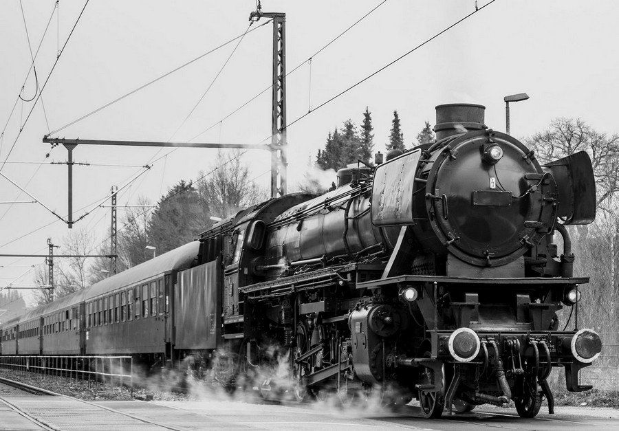 Foto tapeta Vlies: Parna lokomotiva (crno-bijela) - 184x254 cm