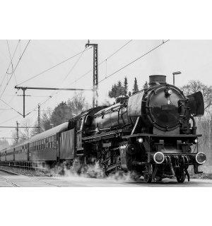 Foto tapeta Vlies: Parna lokomotiva (crno-bijela) - 254x368 cm