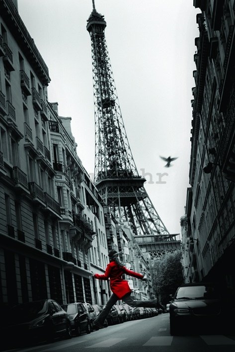 Poster - Pariz, Eiffelov toranj i djevojka u crvenom