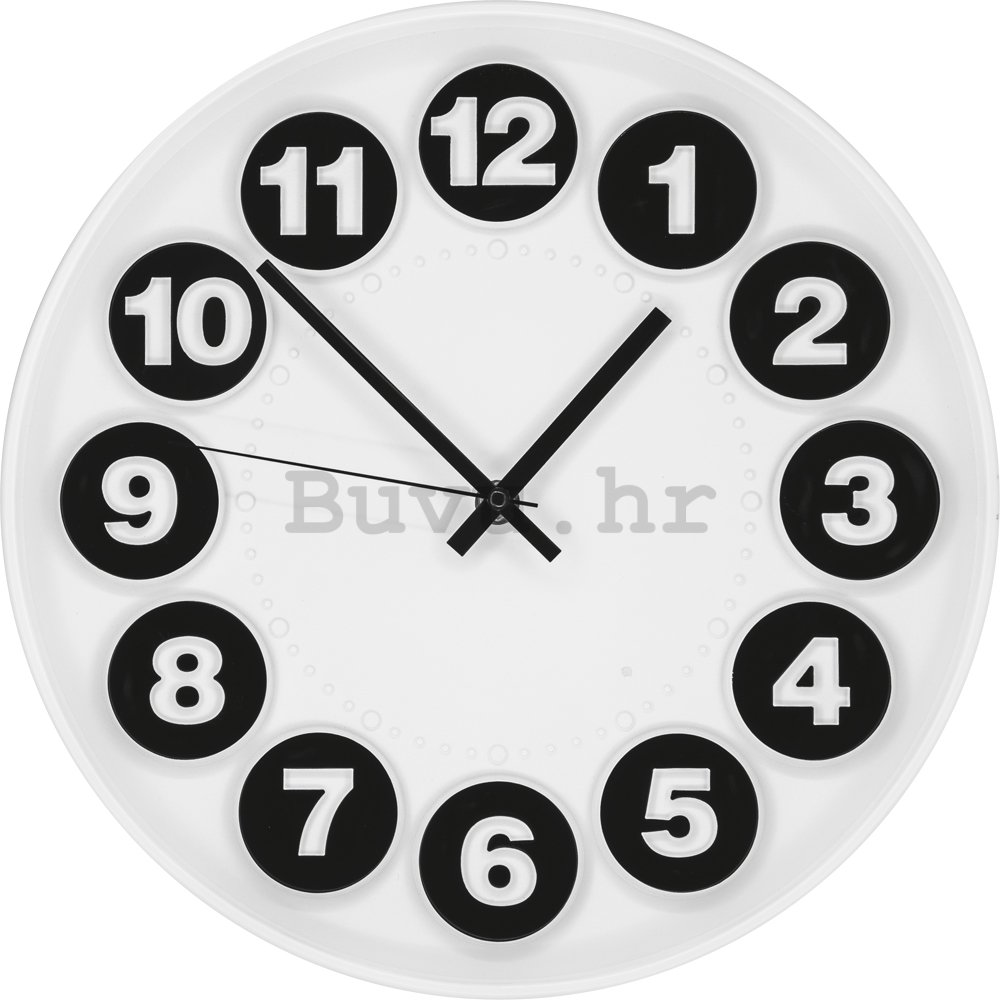 Zidni sat: Brojčani krugovi (crno-bijelo) - 30 cm