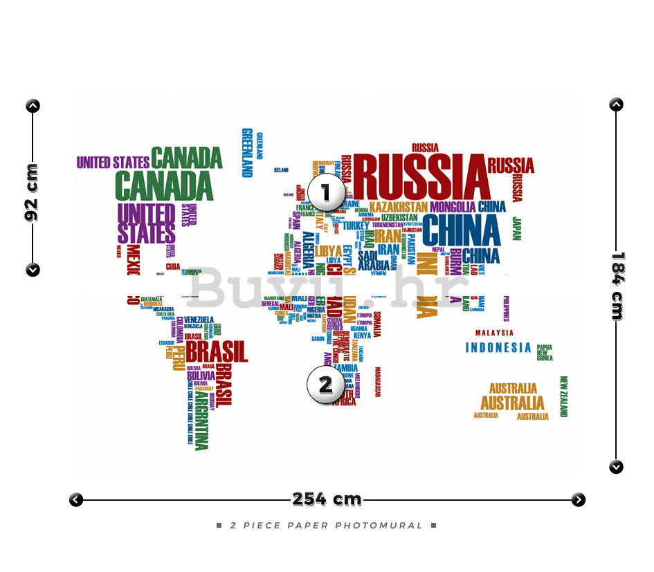 Foto tapeta: Karta svijeta (nazivi država) - 184x254 cm