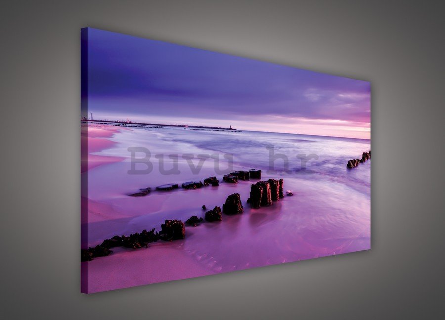 Slika na platnu: Ljubičasti zalazak sunca na plaži - 75x100 cm