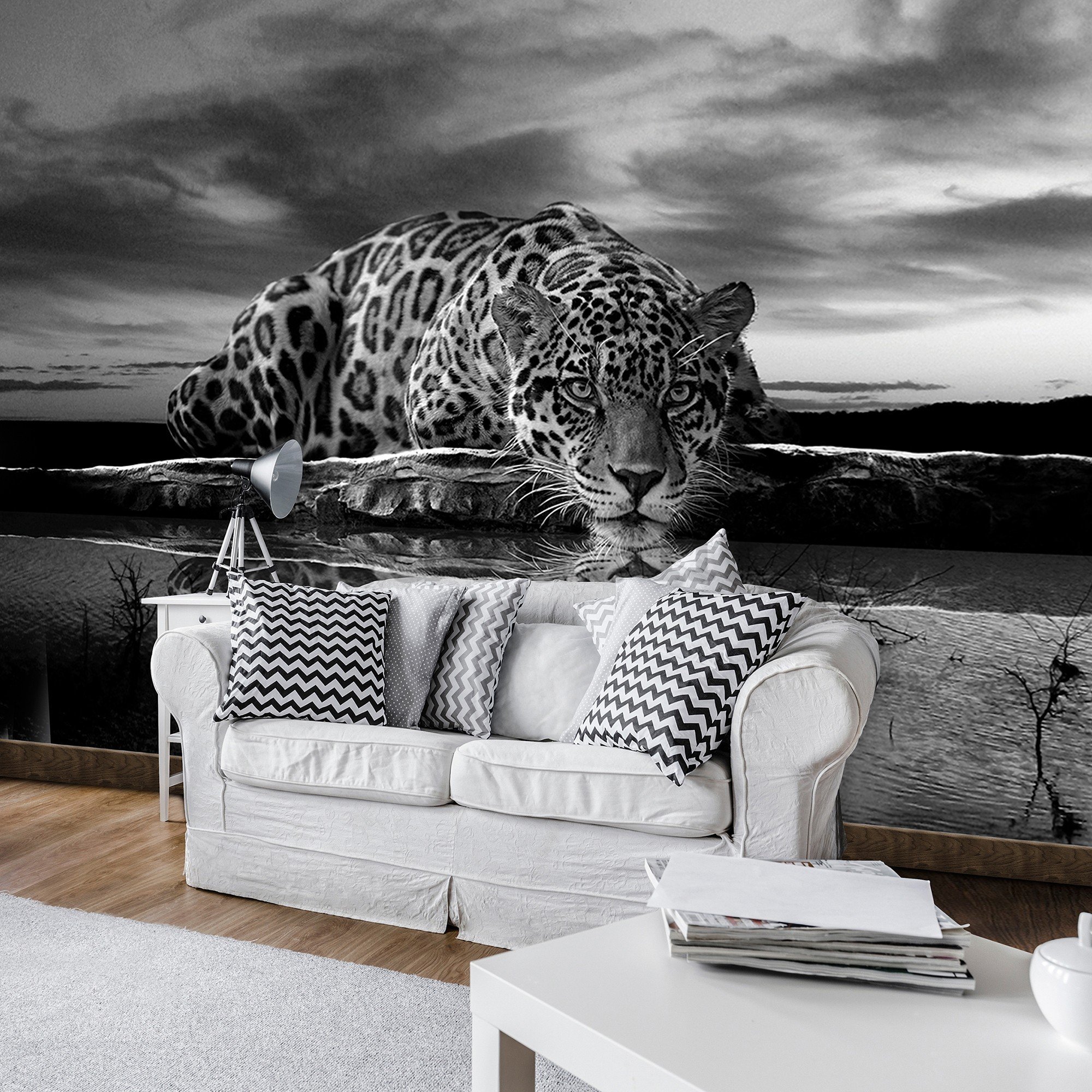Vlies foto tapeta: Jaguar (crno-bijeli) - 416x254 cm