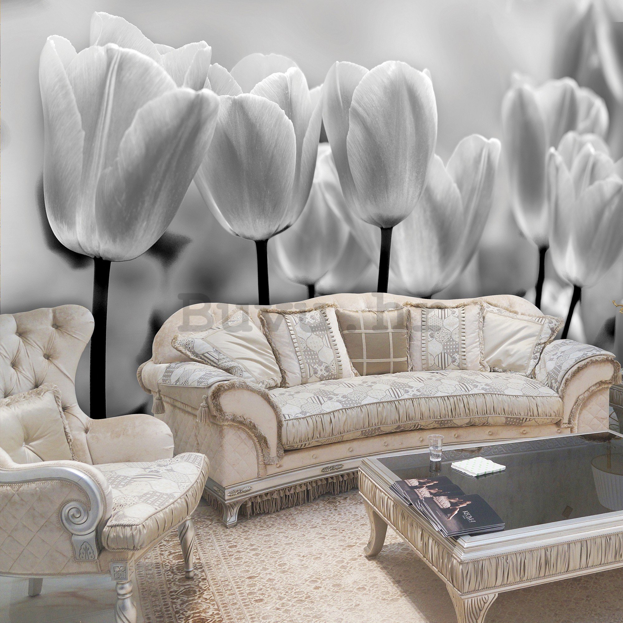 Vlies foto tapeta: Bijeli i Crni Tulipani - 416x254 cm