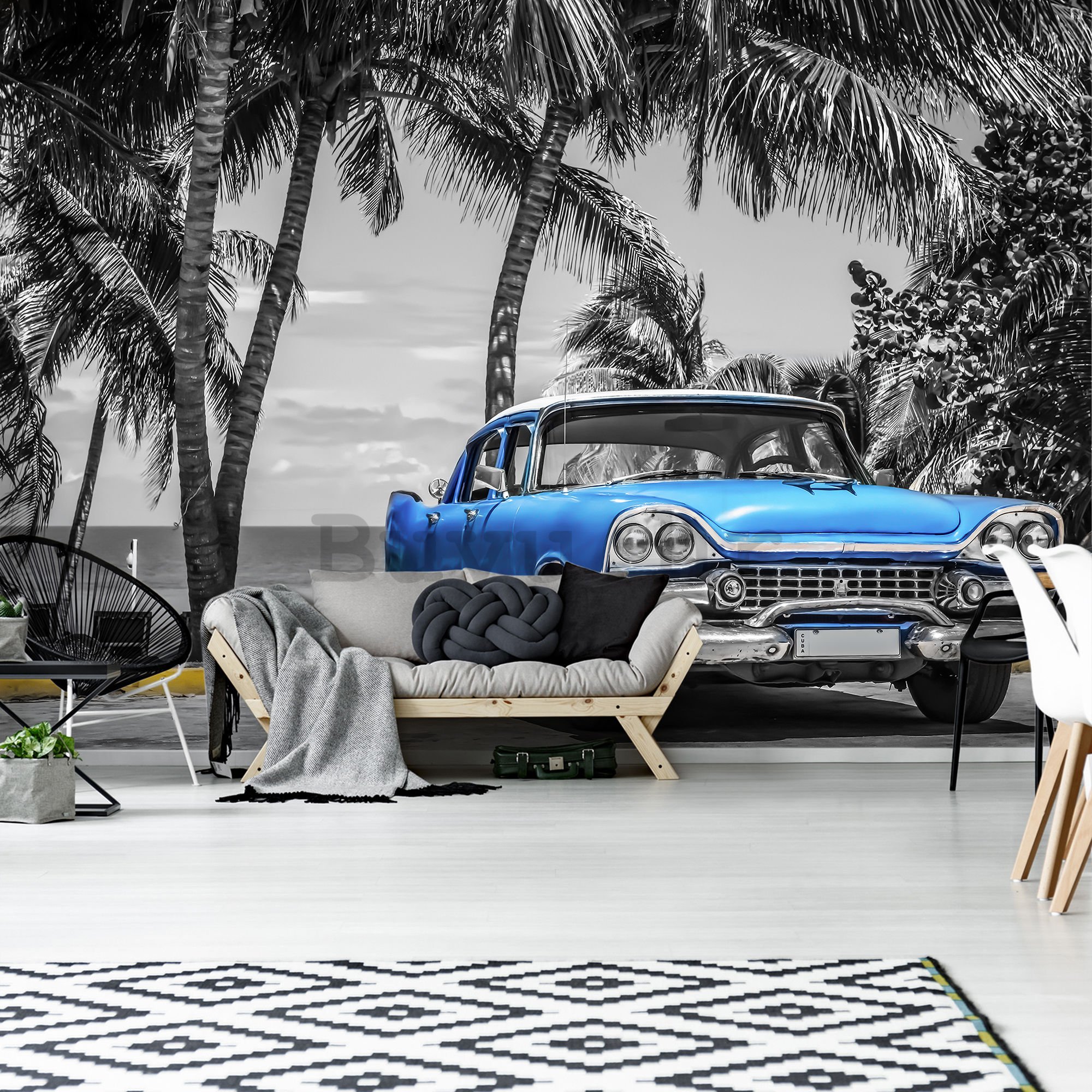 Vlies foto tapeta: Kuba plavi automobil uz more - 254x368 cm