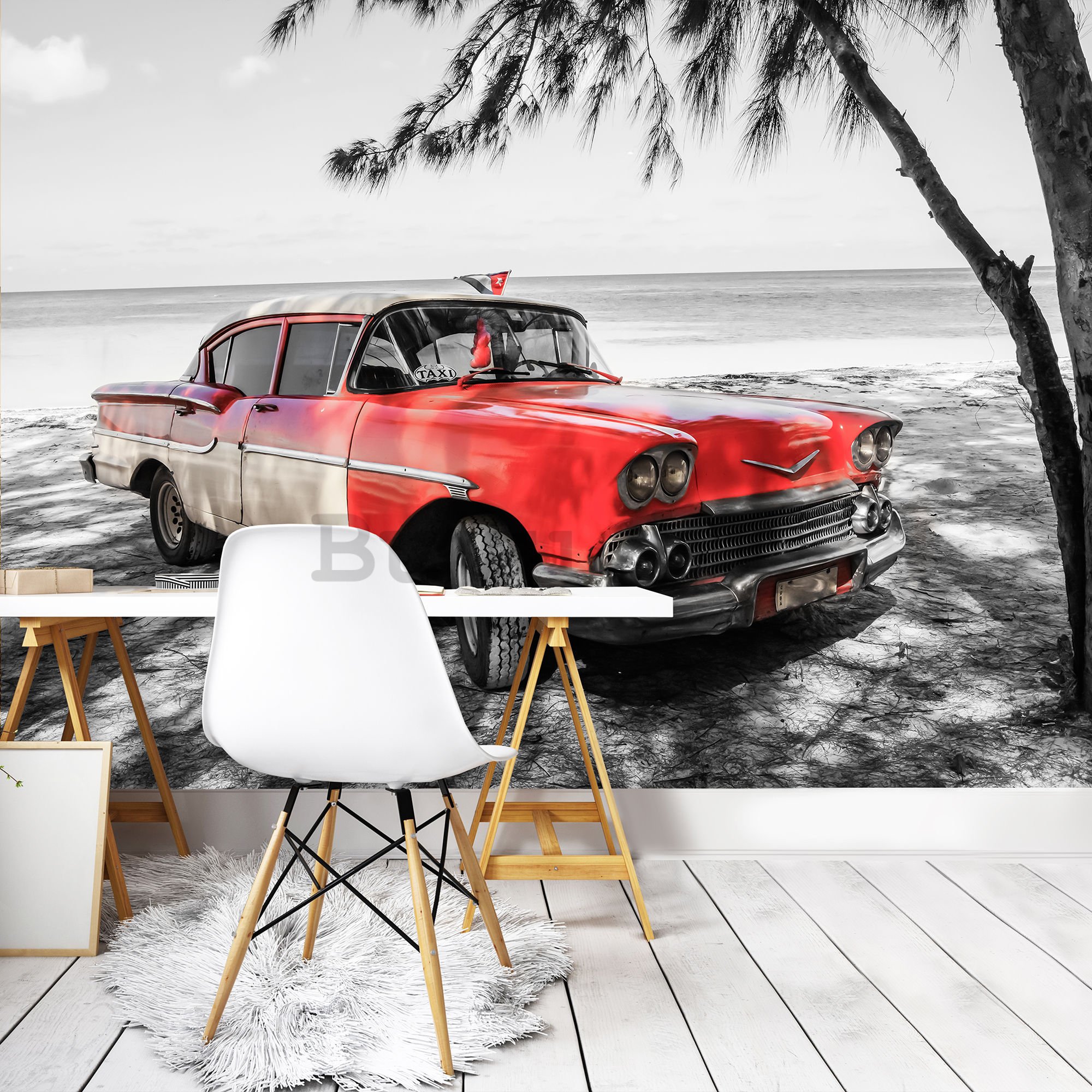 Foto tapeta: Kuba crveni automobil uz more - 184x254 cm