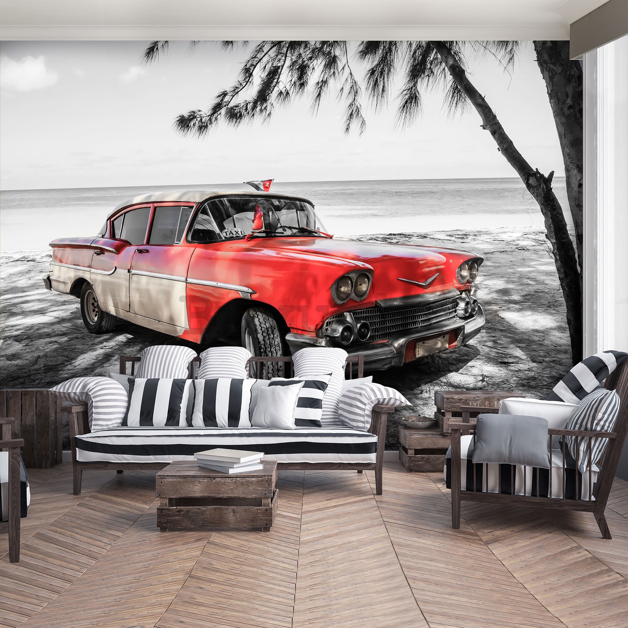 Foto tapeta: Kuba crveni automobil uz more - 184x254 cm