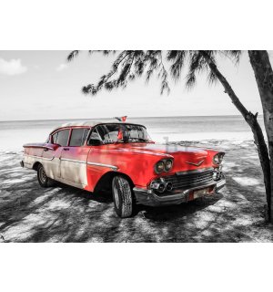Vlies foto tapeta: Kuba crveni automobil uz more - 184x254 cm