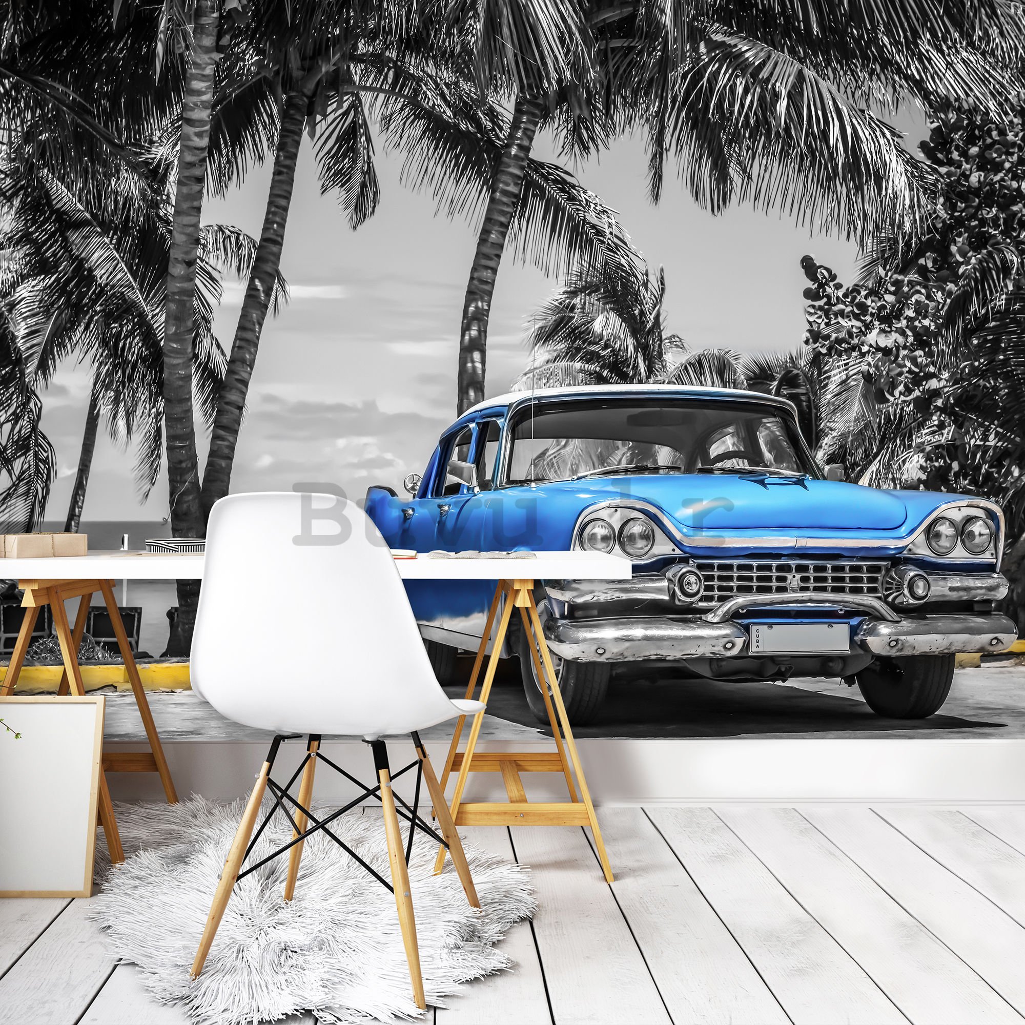 Vlies foto tapeta: Kuba plavi automobil uz more - 184x254 cm