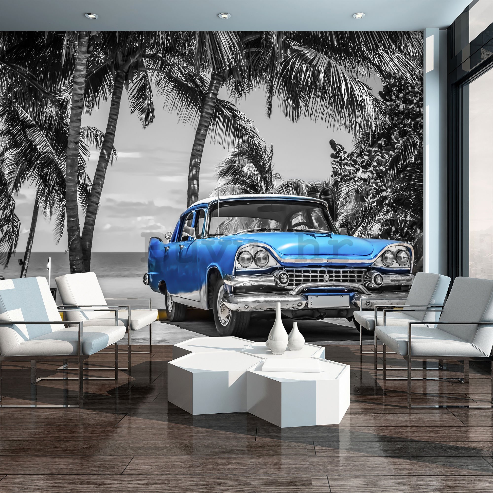Foto tapeta: Kuba plavi automobil uz more - 184x254 cm