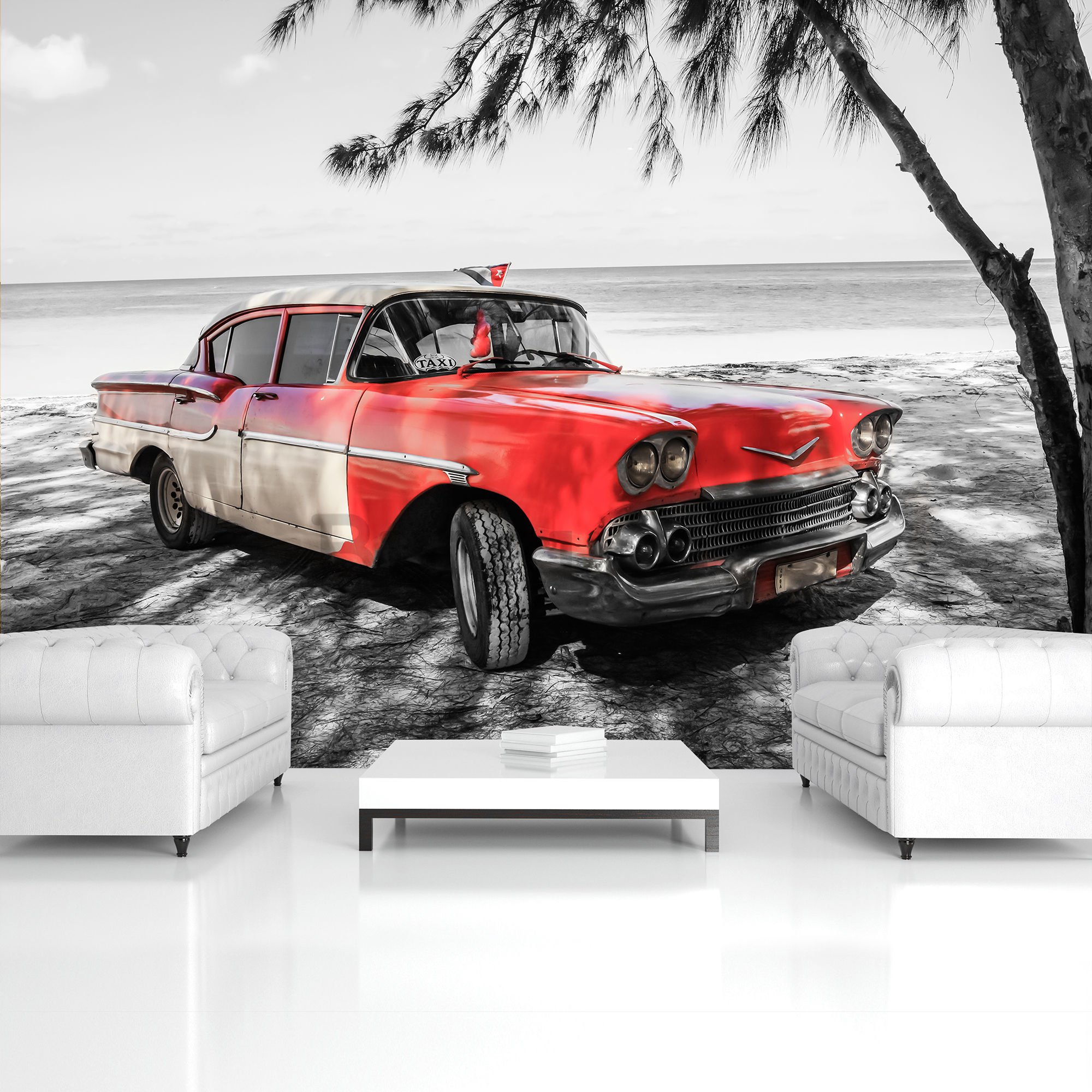 Vlies foto tapeta: Kuba crveni automobil uz more - 416x254 cm