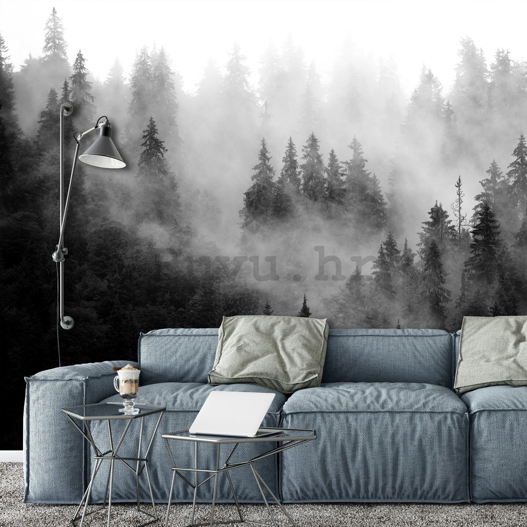 Vlies foto tapeta: Magla nad šumom (crno-bijela) - 416x254 cm