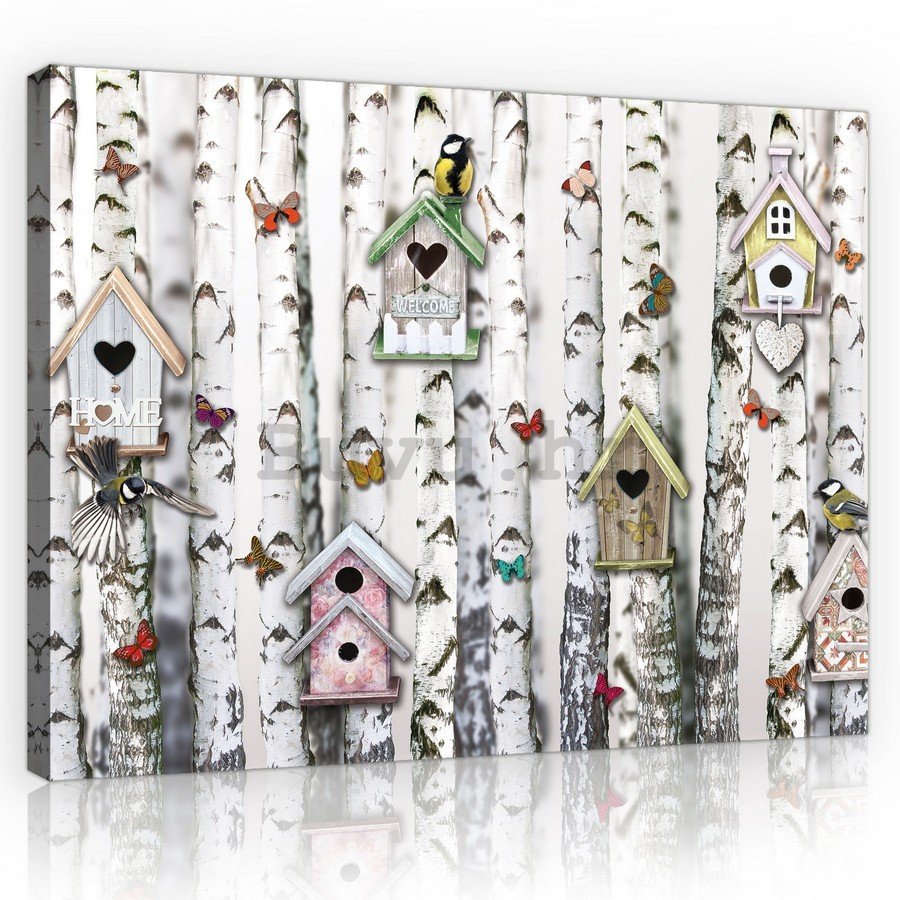 Slika na platnu: Ptičje kućice na brezama - 75x100 cm