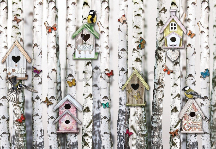 Slika na platnu: Ptičje kućice na brezama - 75x100 cm