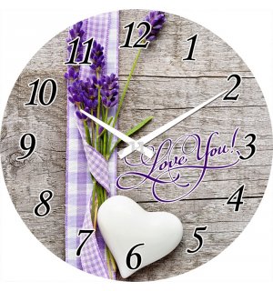 Zidni stakleni sat: Love You! (Lavanda i srce) - 30 cm