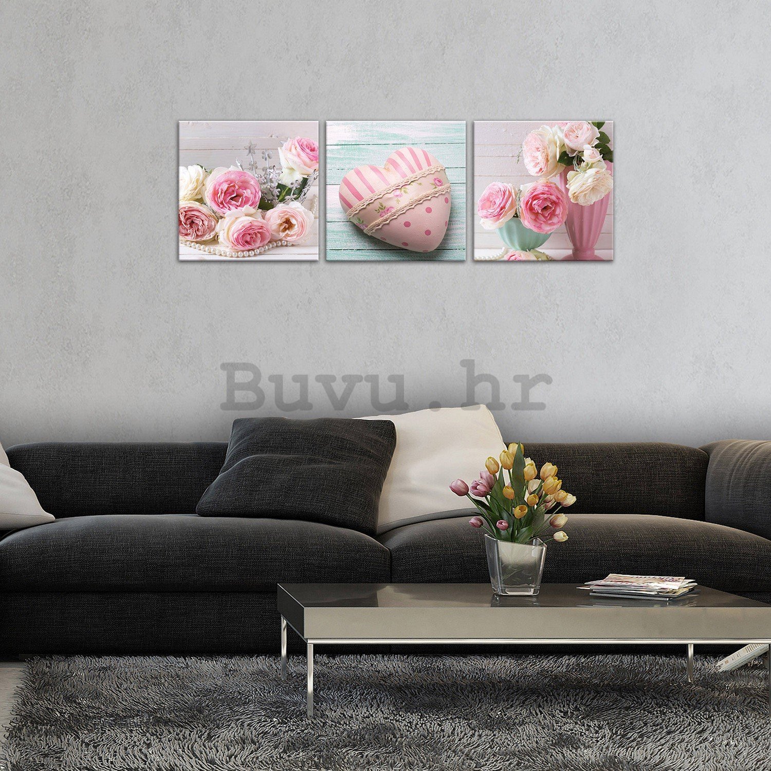 Slika na platnu: Ruže i Srce - set 3kom 25x25cm