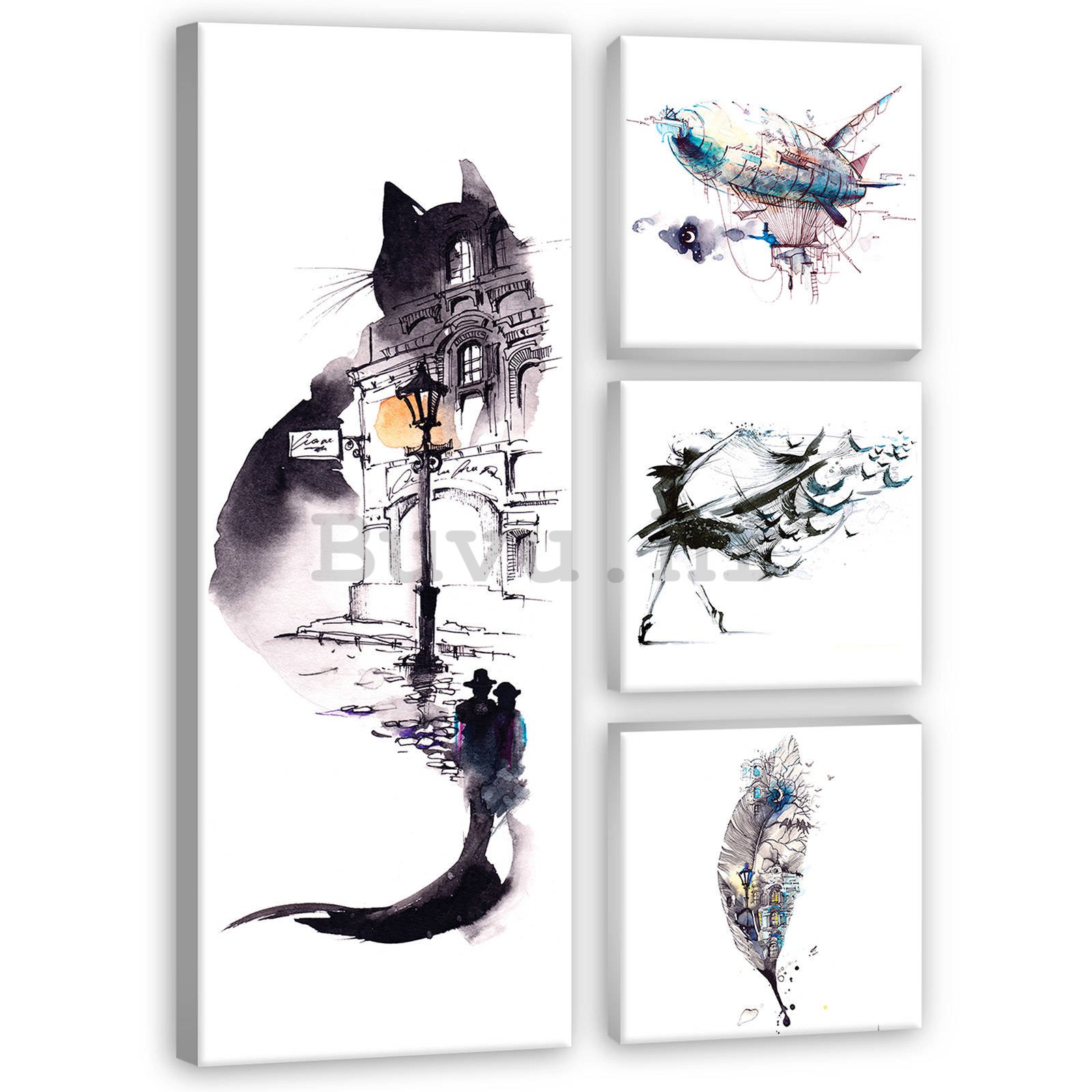 Slika na platnu: Crno-bijela mačka - set 1kom 80x30 cm i 3kom 25,8x24,8 cm