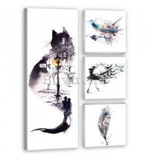 Slika na platnu: Crno-bijela mačka - set 1kom 80x30 cm i 3kom 25,8x24,8 cm