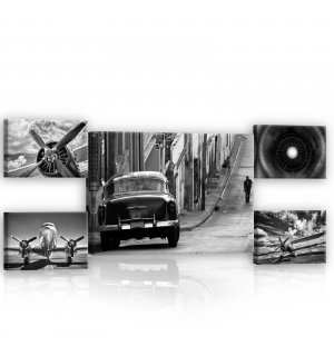Slika na platnu: Crno-bijeli strojevi - set 1kom 70x50 cm i 4kom 32,4x22,8 cm