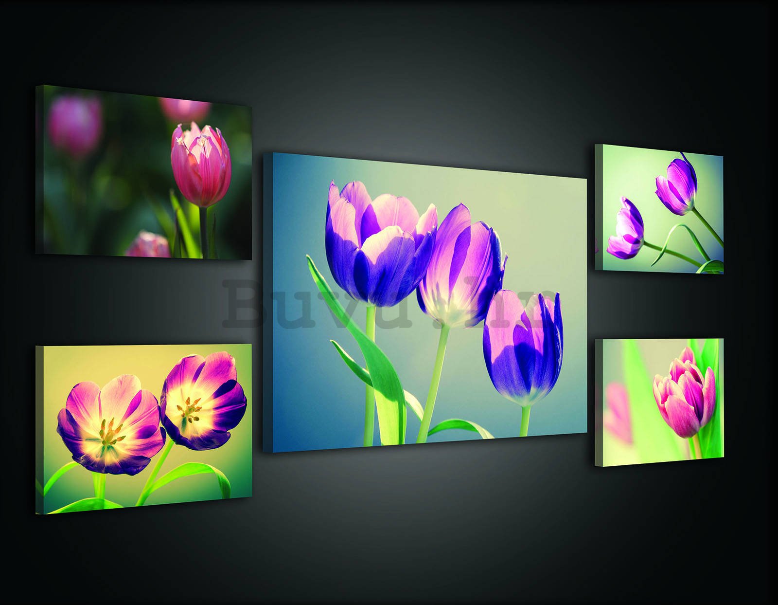 Slika na platnu: Tulipani (2)  - set 1kom 70x50 cm i 4kom 32,4x22,8 cm