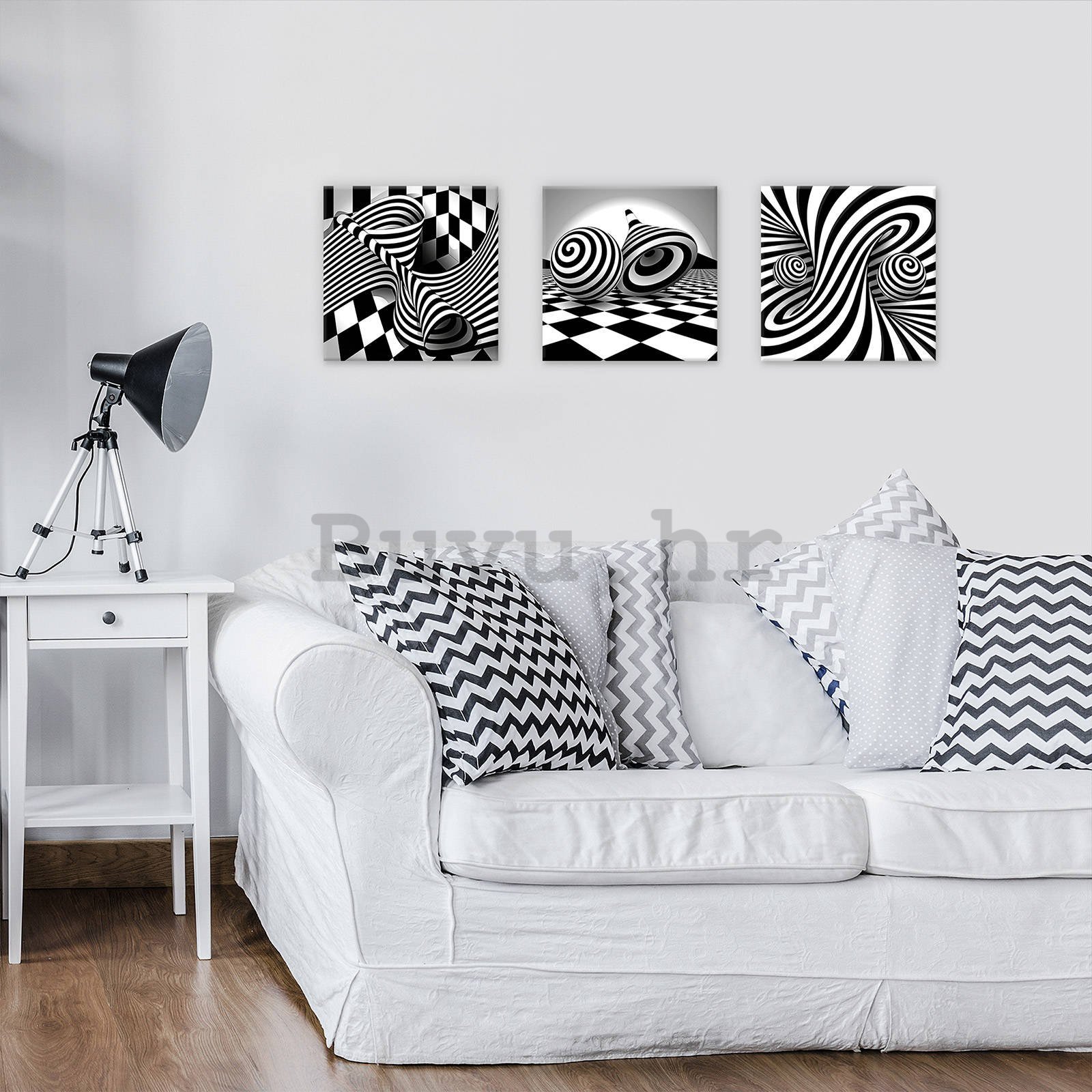 Slika na platnu: 3D crno-bijele spirale i kocke - set 3kom 25x25cm