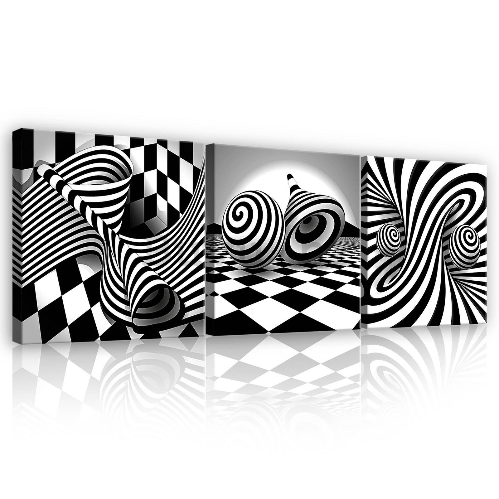 Slika na platnu: 3D crno-bijele spirale i kocke - set 3kom 25x25cm