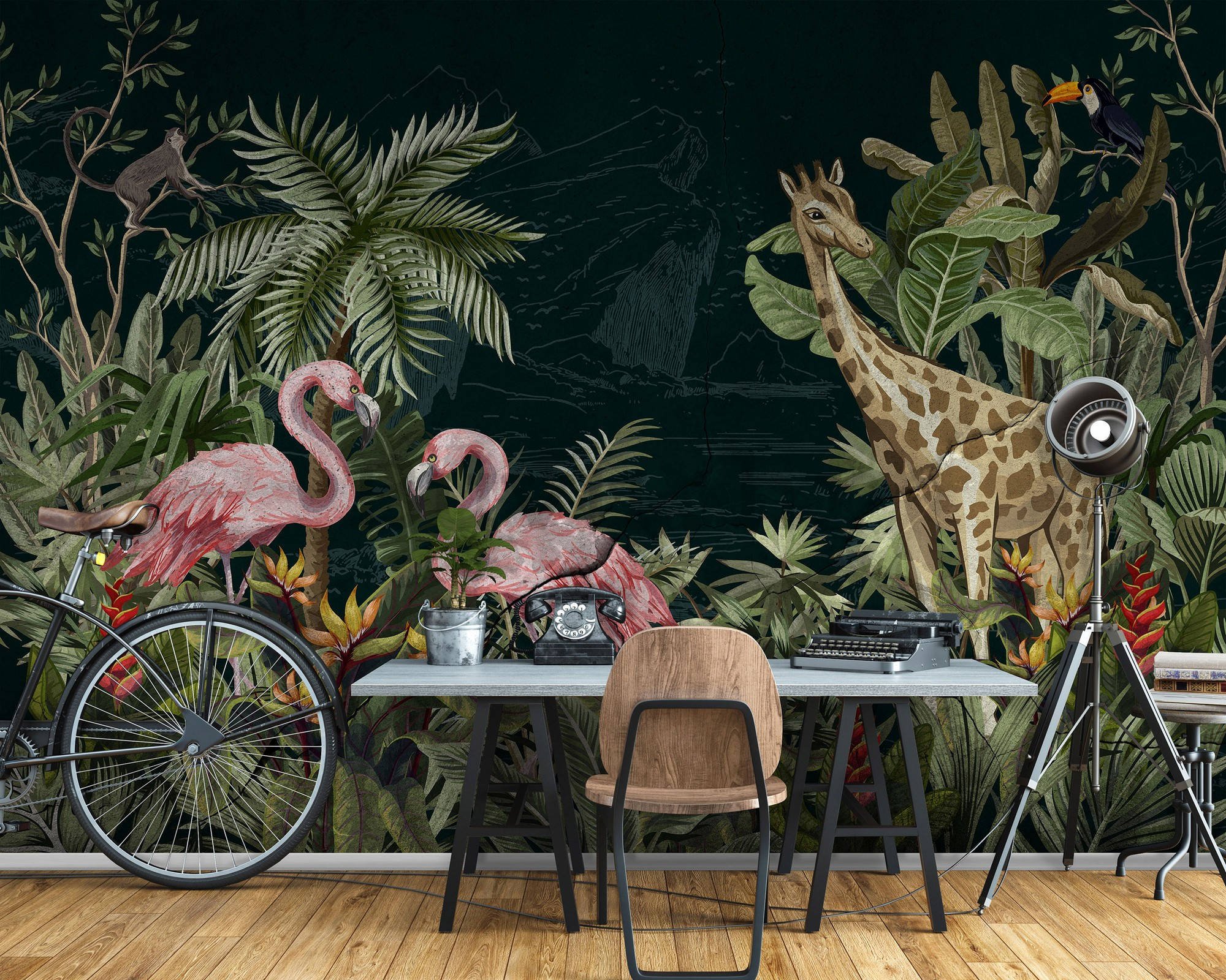 Vlies foto tapeta: Flamingosi i žirafa - 254x184 cm