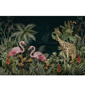 Vlies foto tapeta: Flamingosi i žirafa - 254x184 cm