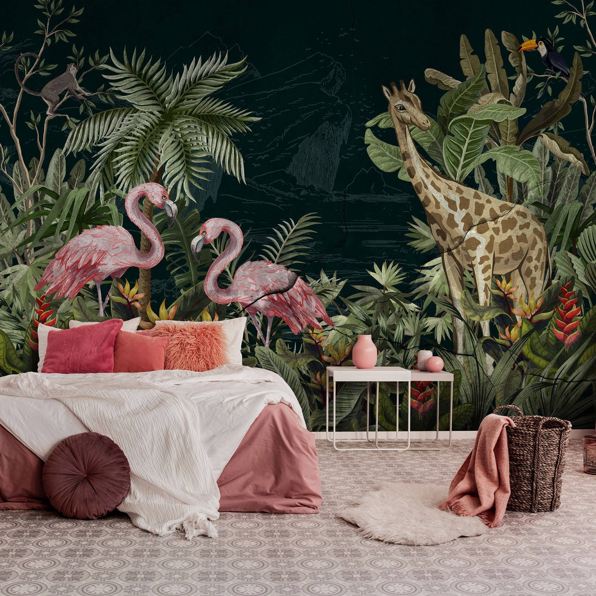 Vlies foto tapeta: Flamingosi i žirafa - 368x254 cm