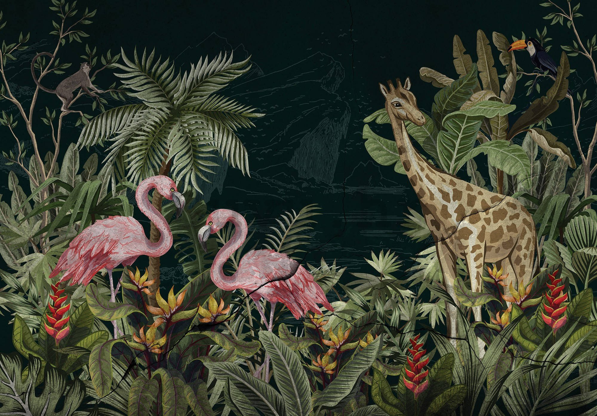 Vlies foto tapeta: Flamingosi i žirafa - 416x254 cm