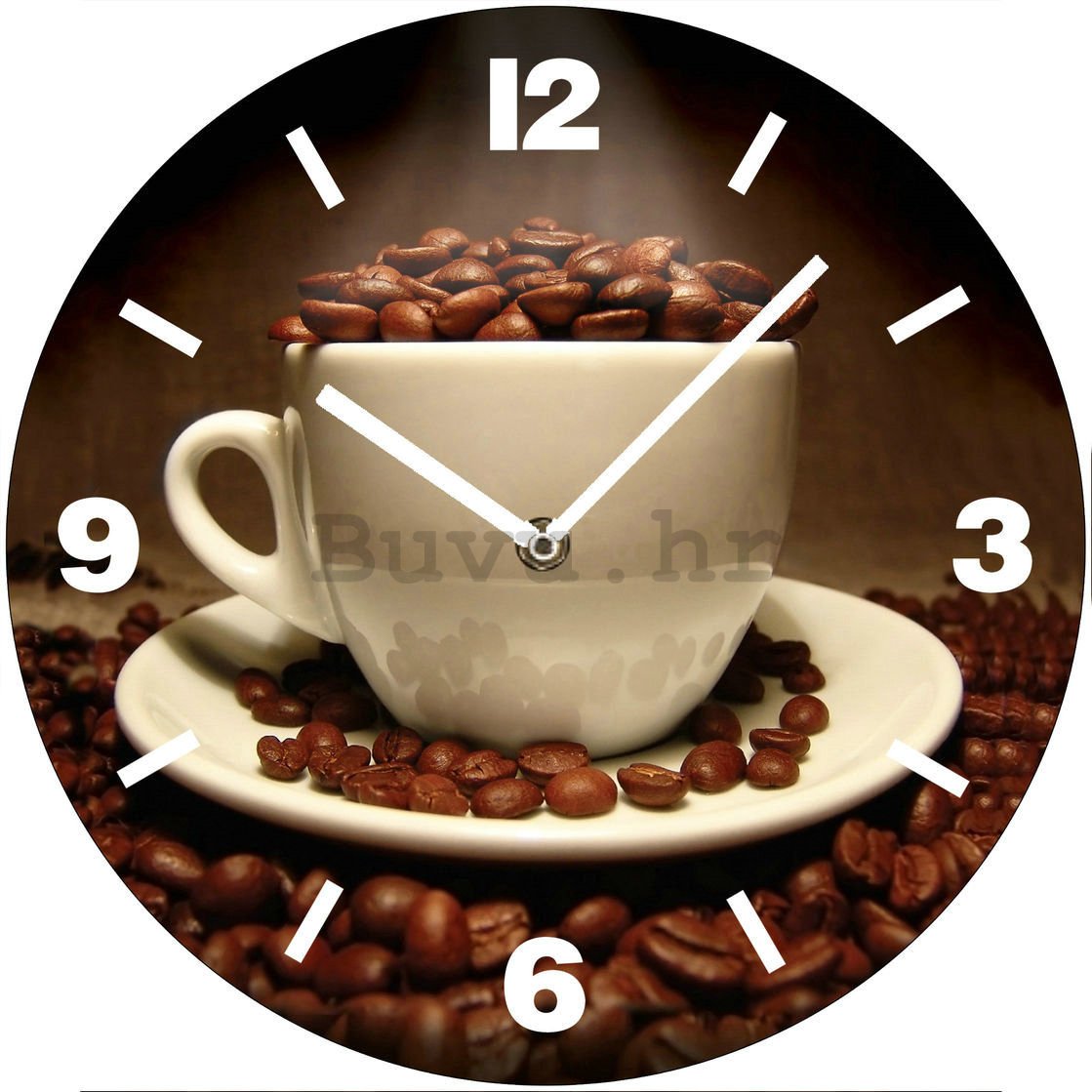 Zidni stakleni sat: Šalica sa zrnima kave - 30 cm