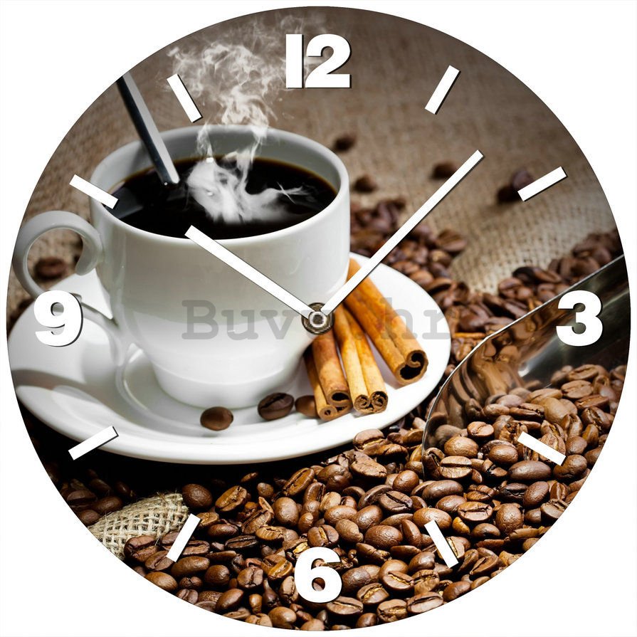 Zidni stakleni sat: Kava i cimet - 34 cm