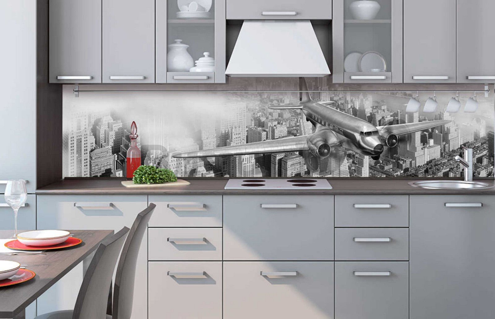Samoljepljiva periva foto tapeta za kuhinju - Crno-bijeli avion, 260x60 cm