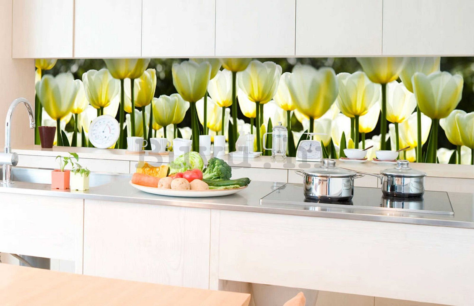 Samoljepljiva periva foto tapeta za kuhinju - Bijeli tulipani, 350x60 cm