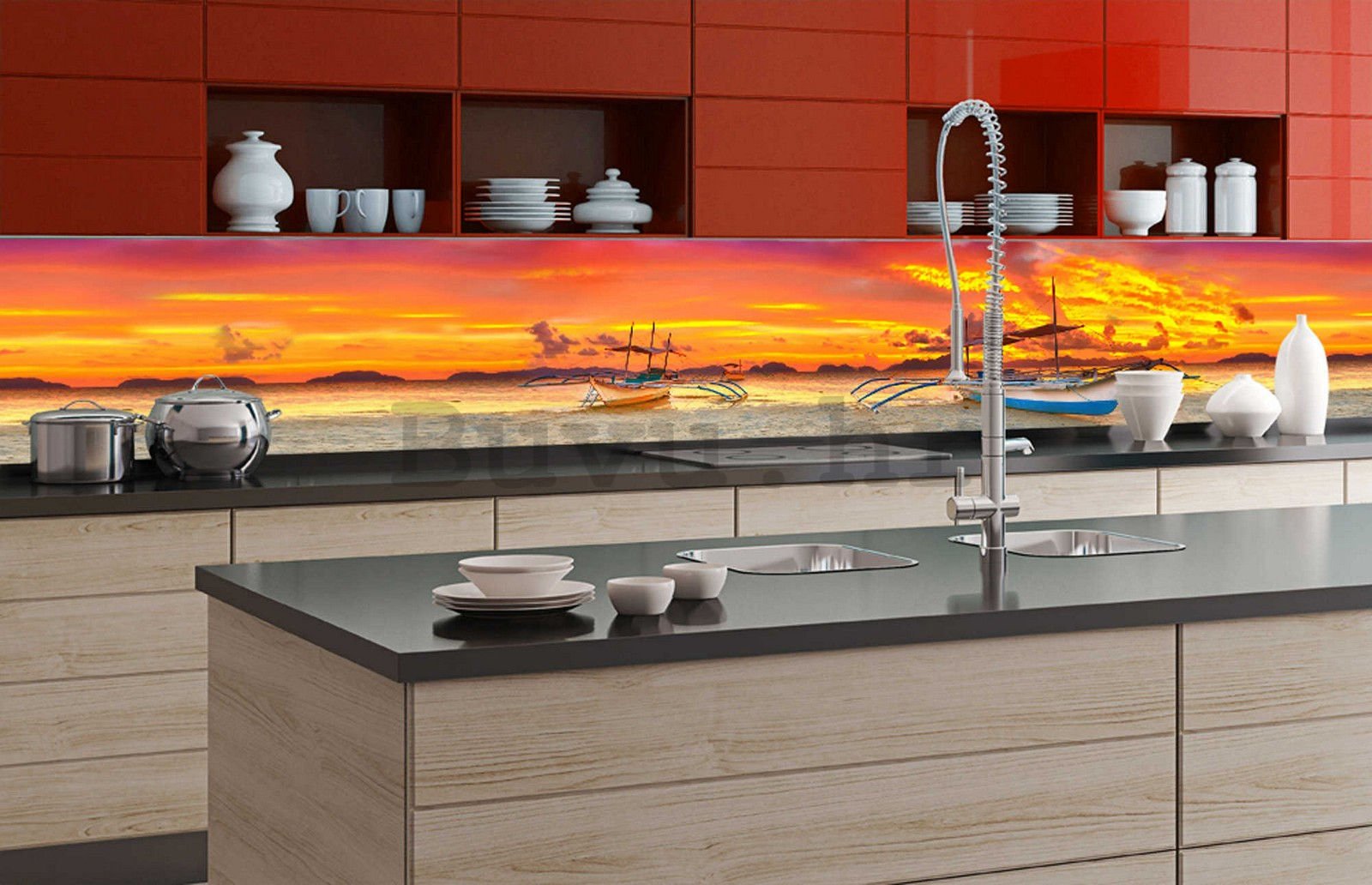 Samoljepljiva periva foto tapeta za kuhinju - Čamci i zalazak sunca, 350x60 cm