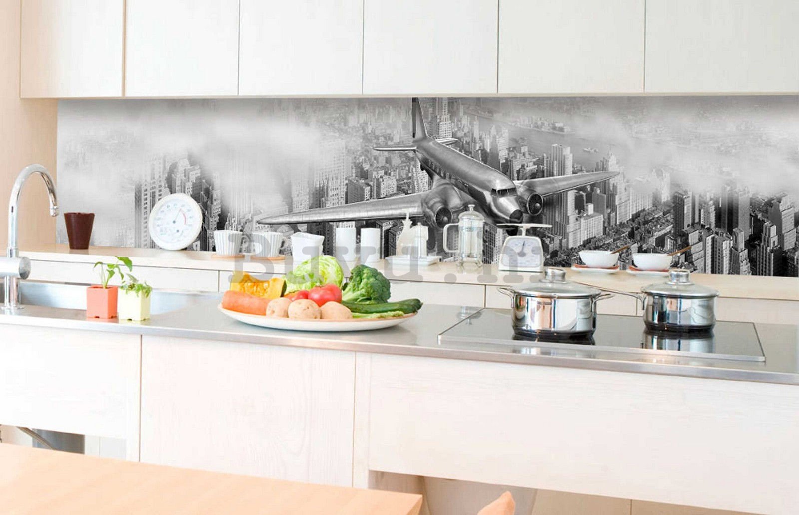 Samoljepljiva periva foto tapeta za kuhinju - Crno-bijeli avion, 350x60 cm