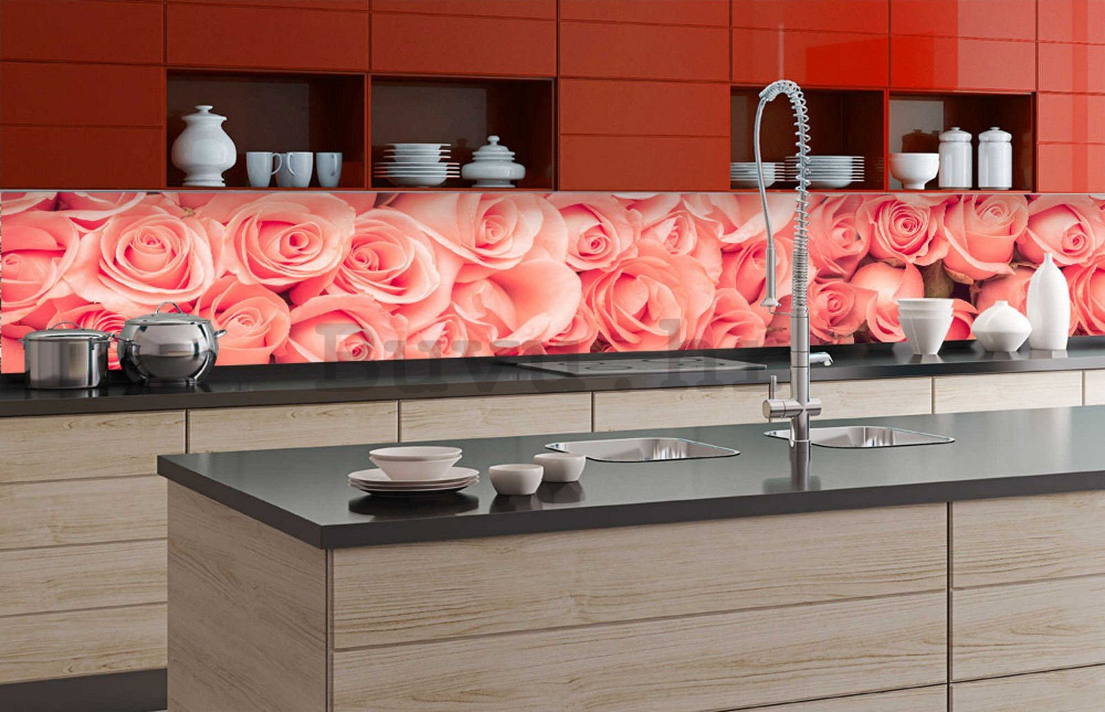 Samoljepljiva periva tapeta za kuhinju - Ružičaste ruže, 350x60 cm