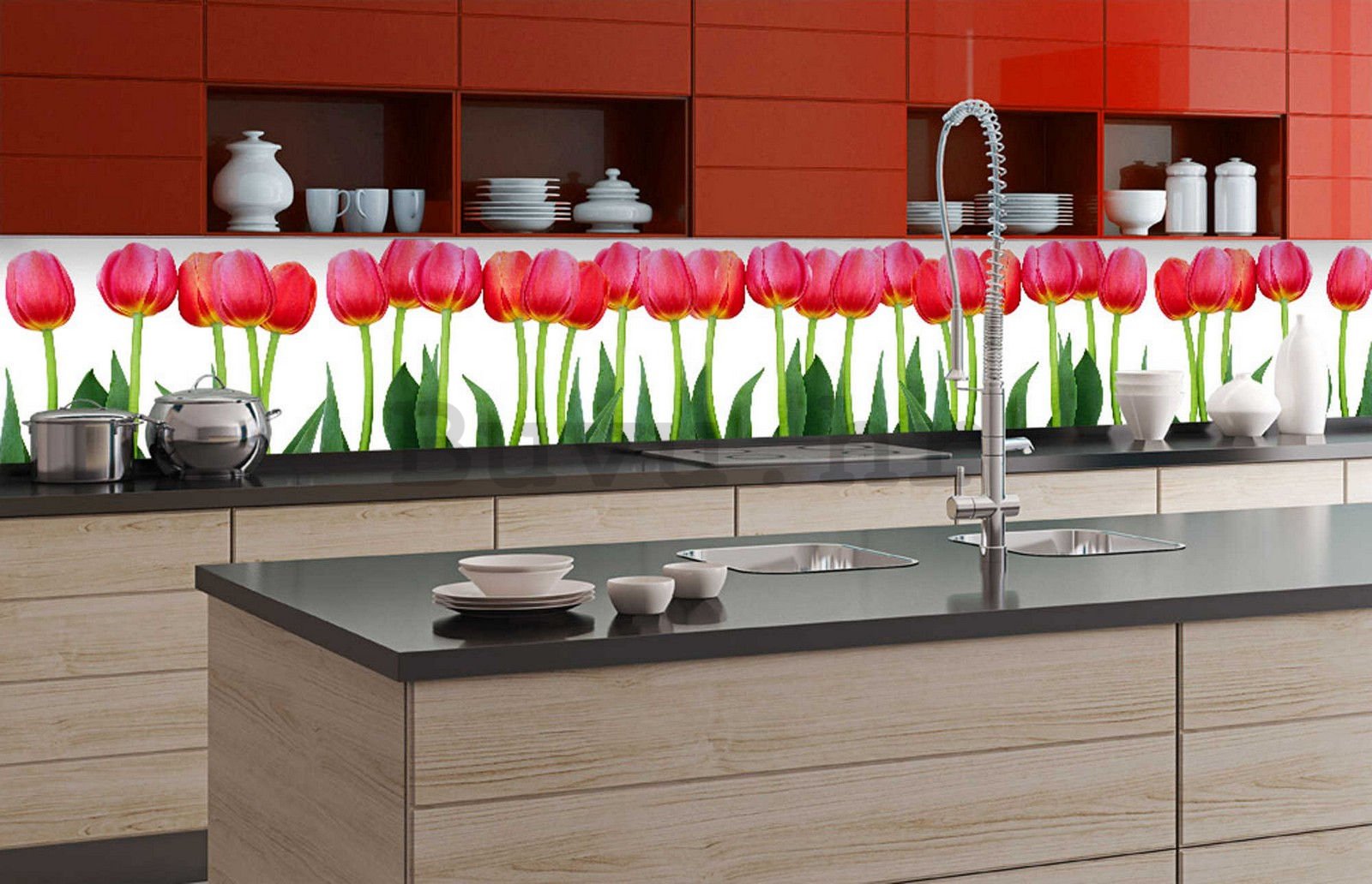 Samoljepljiva periva tapeta za kuhinju - Crveni tulipani, 350x60 cm