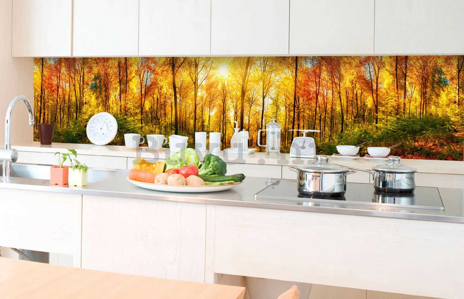 Samoljepljiva periva tapeta za kuhinju - Jesensko sunce u šumi, 350x60 cm