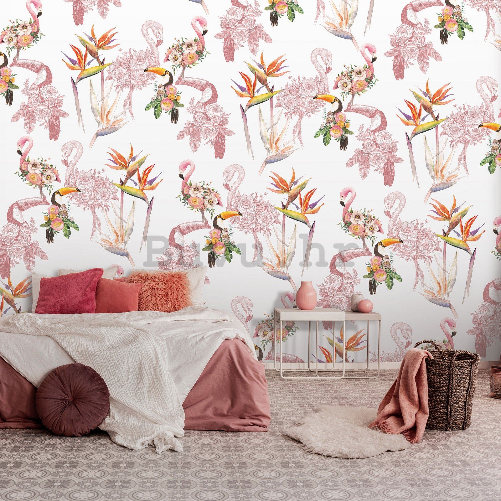 Vlies foto tapeta: Flamingosi i tukani - 254x184 cm