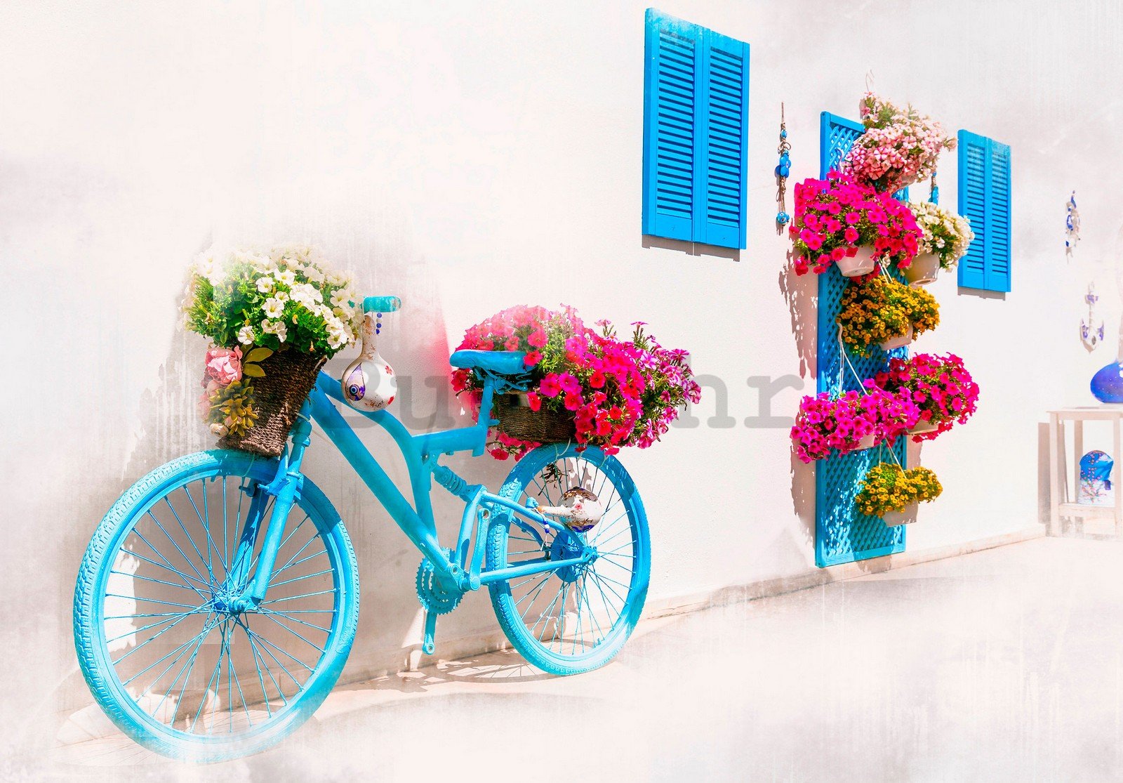 Vlies foto tapeta: Grčki bicikl i cvijeće - 254x184 cm