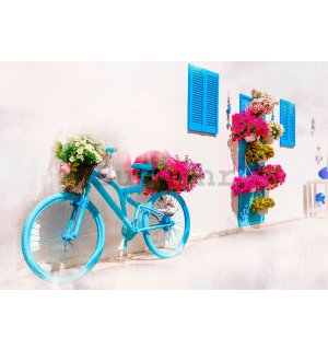 Vlies foto tapeta: Grčki bicikl i cvijeće - 254x184 cm