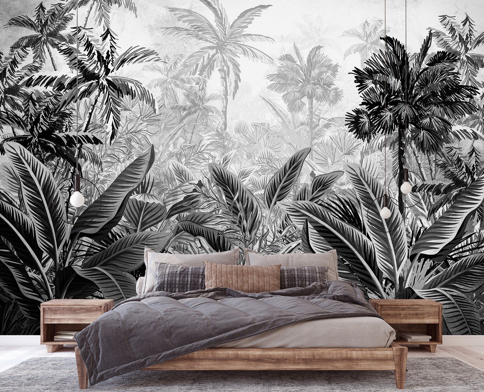 Vlies foto tapeta: Palme i paprati (crno-bijele) - 368x254 cm