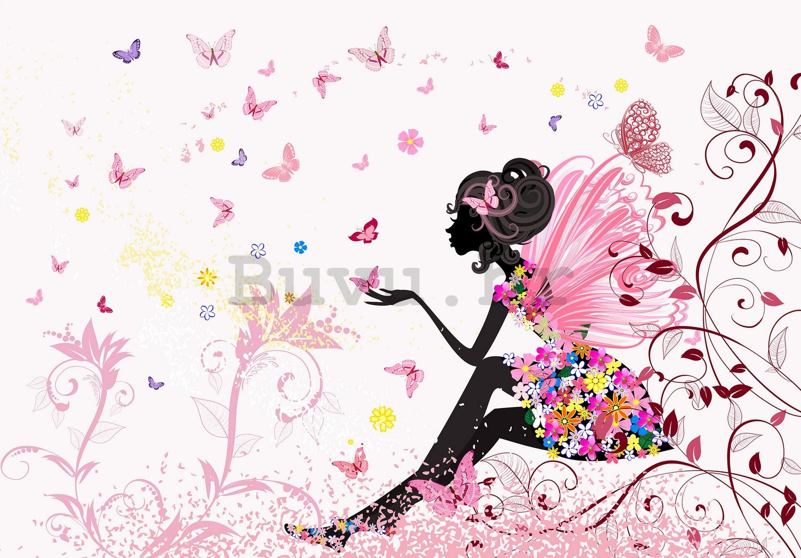 Vlies foto tapeta: Djevojka s cvijećem i leptirima - 368x254 cm