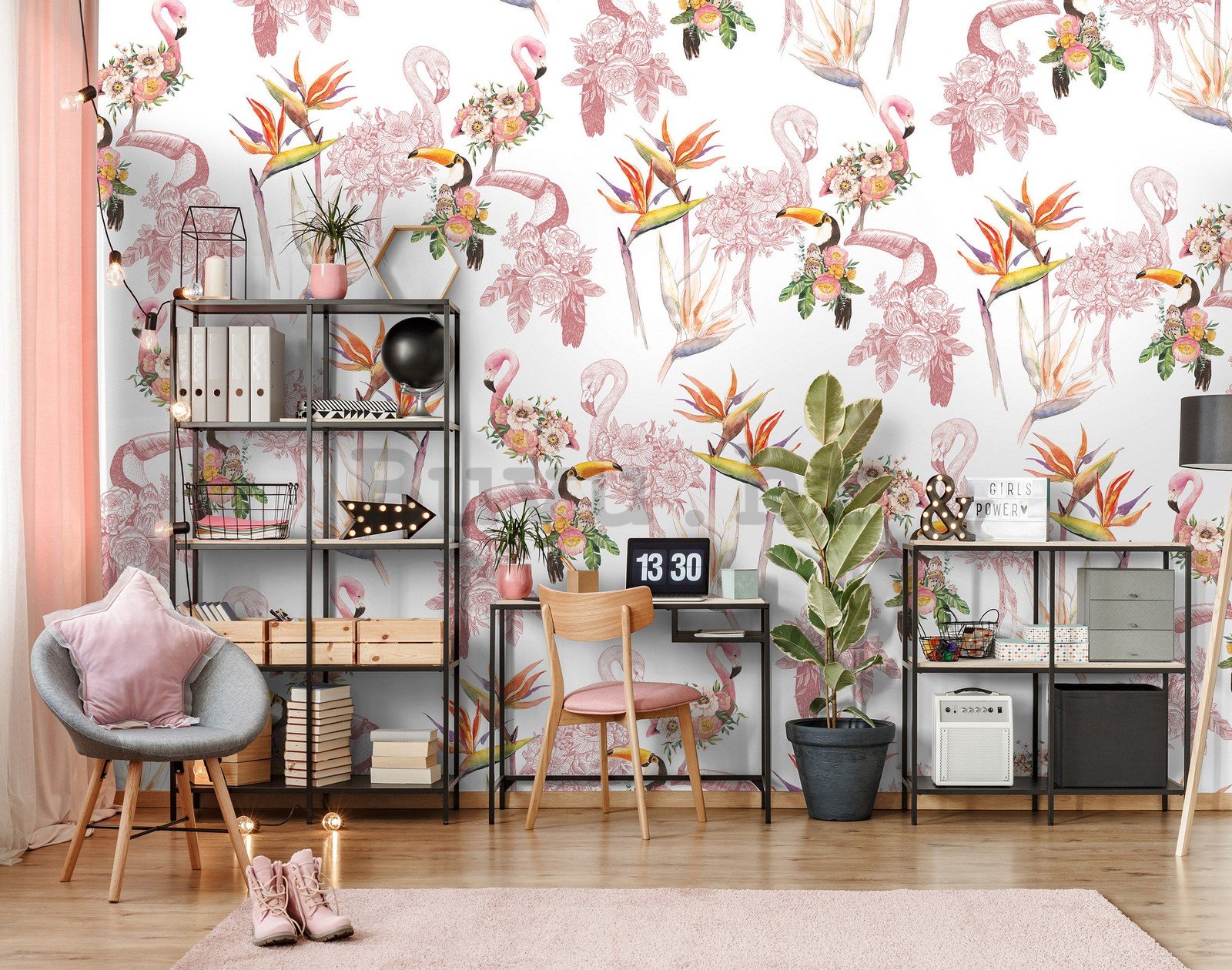 Vlies foto tapeta: Flamingosi i tukani - 416x254 cm